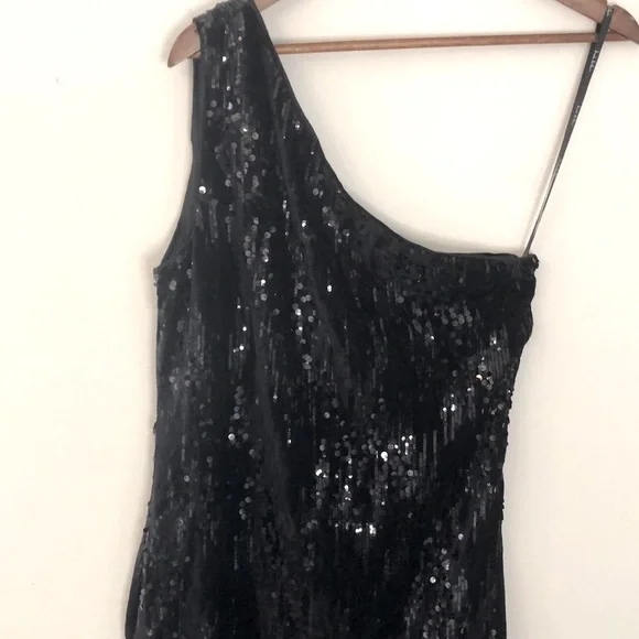 Nicole Miller Elegant Sequined Black midi Dress single shoulder strap size 12 - Picture 3 of 11